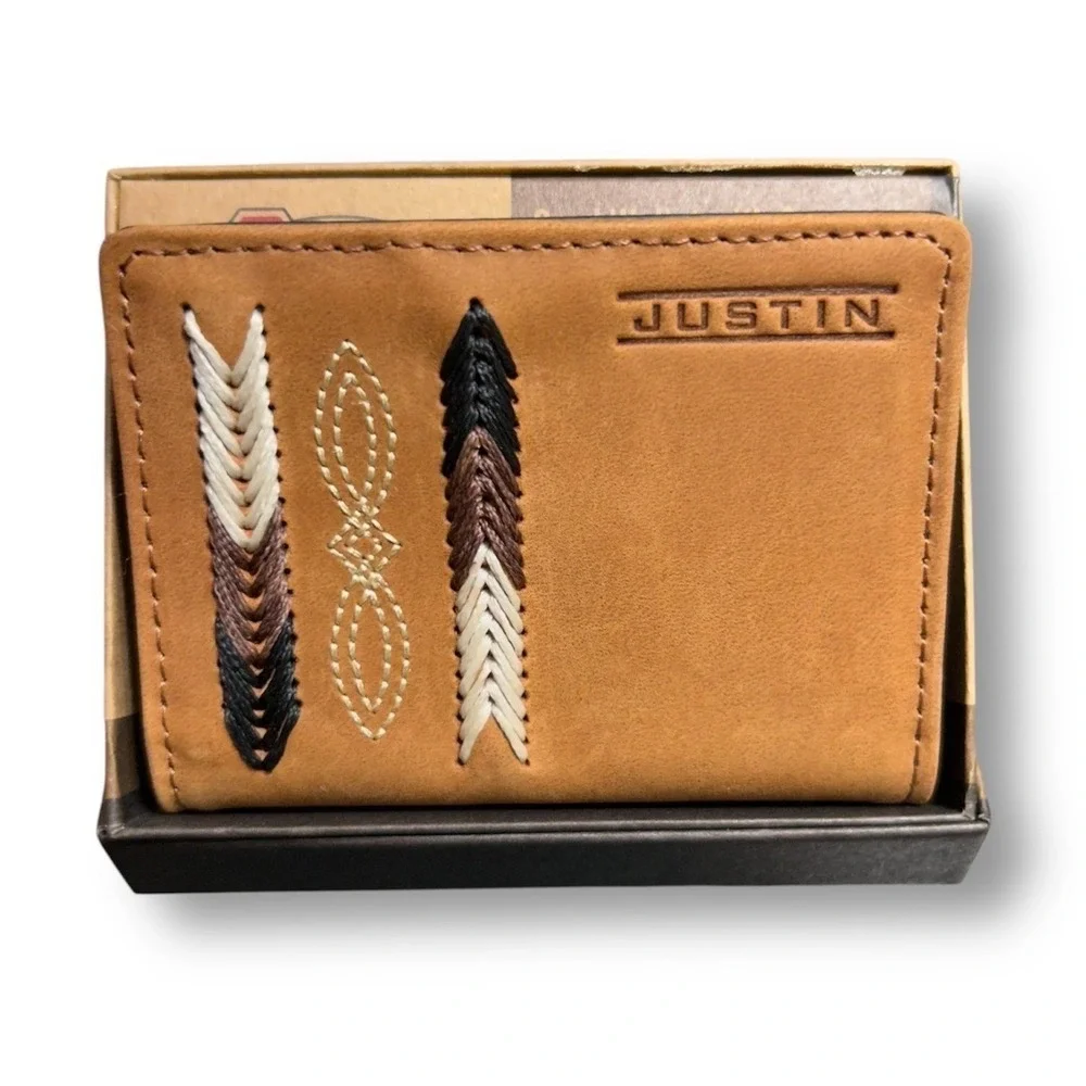 Justin Genuine Embroidered Leather RFID Brown Bifold Wallet Western‎ Trim Cowboy